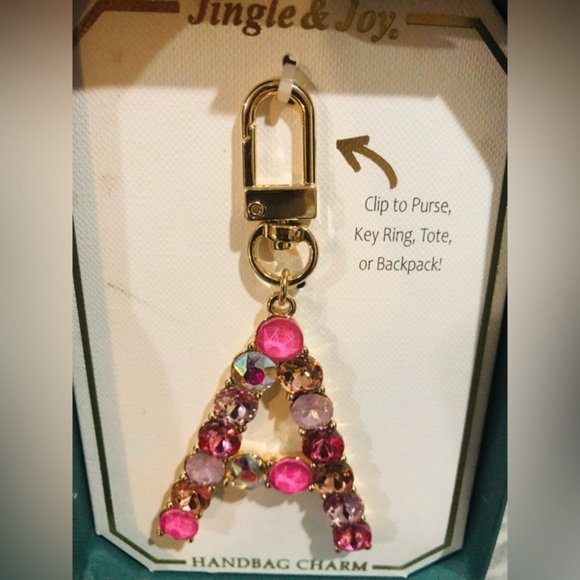 Beautiful gold plated Pink bejeweled gemstone A monogram bag purse key chain new - Picture 8 of 13